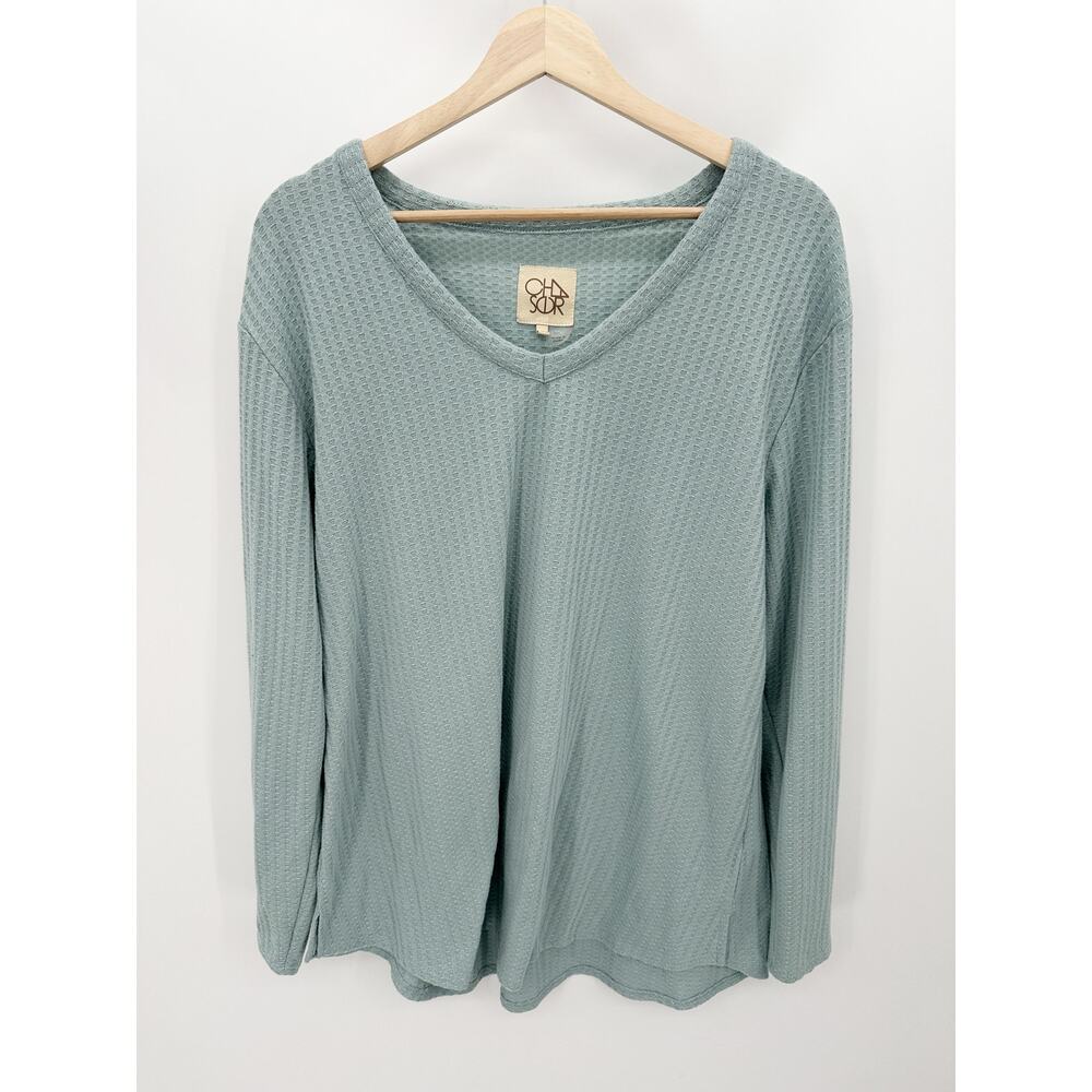 Chaser Womens XXL Sage Green Waffle Knit V-Neck Thermal Long Sleeve Top Slit Hem